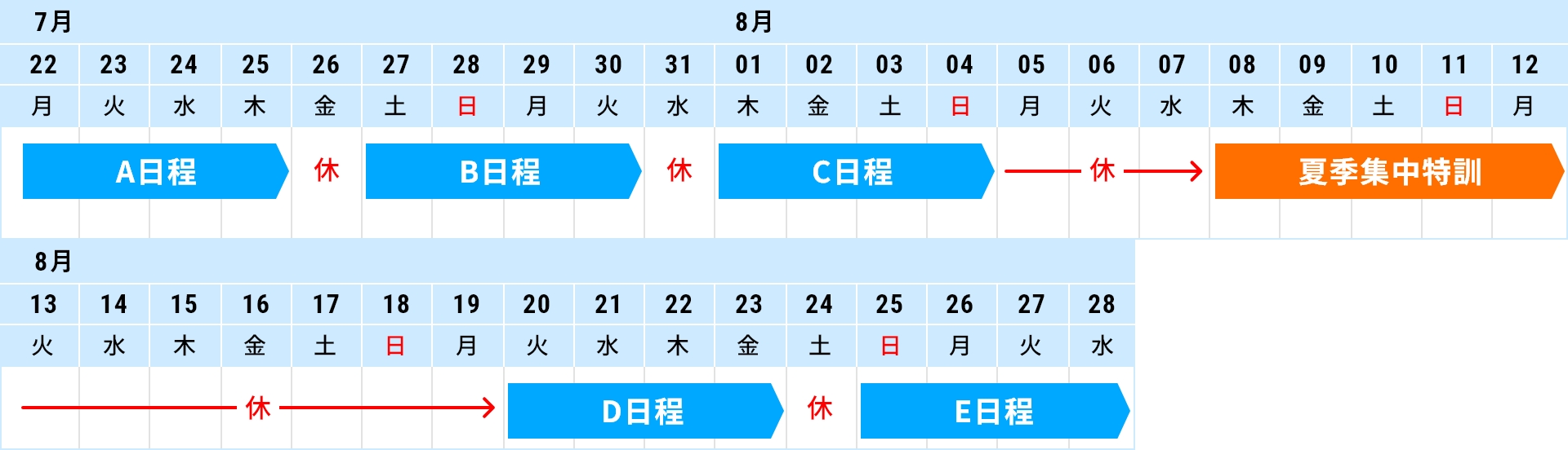 A日程：7/22(土)～7/25(火)　B日程：7/27(木)～7/30(日)　C日程：8/1(火)～8/4(金)　夏季集中特訓：8/8(火)～8/12(土)　D日程：8/20(日)～8/23(水)　E日程：8/25(金)～8/28(月)