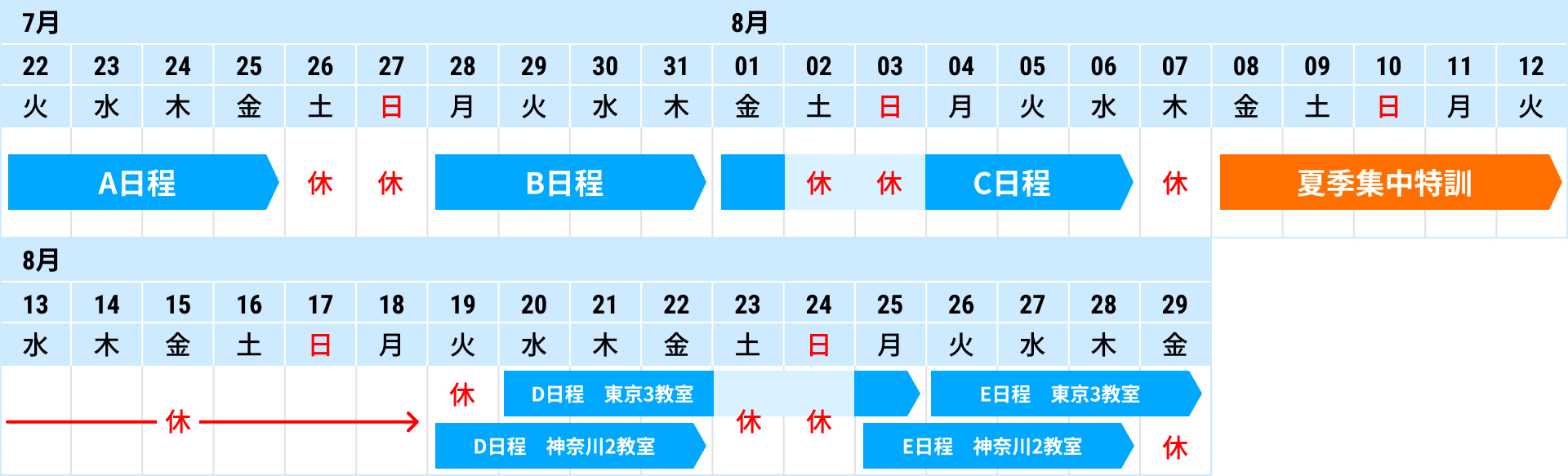 A日程：7/22(火)～7/25(金)　B日程：7/28(月)～7/31(木)　C日程：8/1(金)～8/6(水)　夏季集中特訓：8/8(金)～8/12(火)　D日程：8/19(火)～8/22(金)　E日程：8/25(月)～8/29(金)